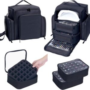 Nail Polish Organizer Case Holds 60 Bottles Portable Travel Storage Box with 2 Detachable Bags, Designed for Women's Nail Tools, Essential Oils and Cosmetics Sets Black