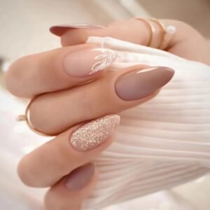 24Pcs Medium Almond Press on Nails Nude Fake Nail With Leaf Designs Glitter False Nails Glossy Full Cover Stick on Nails Acrylic Reusable Artificial Glue on Nail for Women