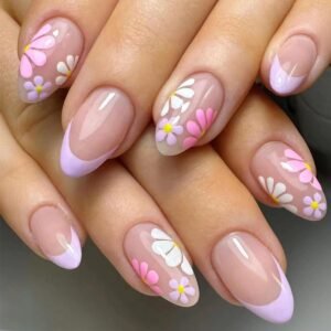 Short Press on Nails Almond Fake Nails French Tip False Nails with Colorful Flower Design Glue on Nails Glossy Full Cover Stick on Nails Cute Acrylic Nails for Women Spring Manicure 24Pcs