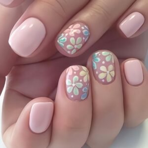 24Pcs Colorful Flower Press-On Nails - Short, Square, Fake, Spring-Summer Nail Art Set, Light Pink Acrylic, Full Cover Glossy False Nails for Women & Girls