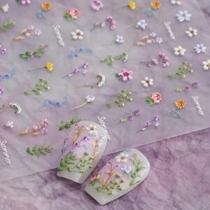 Flower Nail Stickers for Nail Art - Flower Nail Art Stickers Summer Floral Leaf Plant 5D Embossed Nail Decals Self-Adhesive Nail Art Supplies Manicure Sliders Flower Stickers for Nails Art Decoration