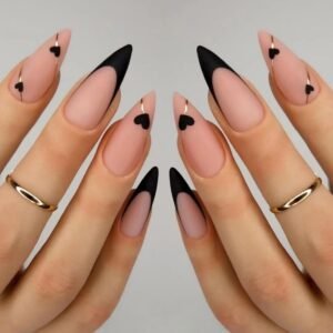 Black French Tip Press on Nails Medium Almond Fake Nails with Black Heart Design Gold Line Stick on Nails Glossy Acrylic Full Cover Glue on Nails Stiletto False Nail For Women Girls Manicure