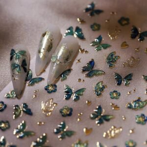 Butterfly Nail Art Stickers 5D Embossed Green Butterfly Nail Stickers Self-Adhesive Gold Butterflies Nail Decals Spring Summer Nail Art for Women Girls Daily Manicure DIY Nail Supplies