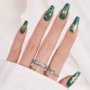 Coffin Press On Nails - Long Full Cover, Perfectly Fitting & Natural Reusable Opaque Green Stick On in 15 Sizes - 30 PCS Soft Gel Glue On Kit, Mysterious Legend