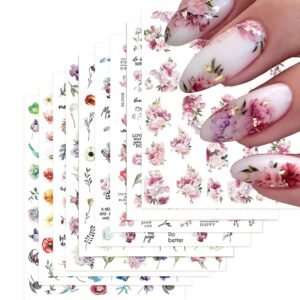 9 Sheets Flower Nail Art Stickers Decals 3D Self-Adhesive Nail Decals Spring Floral Nail Art Supplies Charming Daisy Leave Peony Nail Accessories for Women Nail Decorations Design