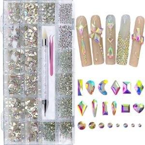 6080PCS AB Rhinestones for Nails, Nail Gems with Special-Shaped Diamonds, 3D Decorations Flat Back Stones Gems Set, Acrylic Nail Mix Sizes Nail Charms(Picking Pen&Tweezers Included)