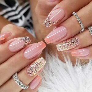 French Press on Nails Medium Coffin Shape, Fake Nails with Ombre Designs, Glossy Color Glitter Full Cover Acrylic Nails Orange Gradient False Nails with Glue Stick on Artificial Fingernails for Women