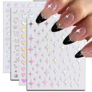 24 Sheets Aurora Nail Art Stickers, Holographic Self-Adhesive  Glitter Design Moon Star Sparkles Heart Line Nail Decals