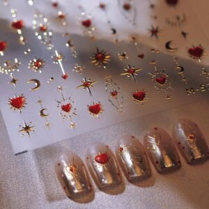 5D Embossed Heart Nail Stickers Valentine’s Day Nail Art Stickers Moon Sun Star Nail Decals Self-Adhesive Love Stickers Red Gold Heart Nail Supplies for Women Girls DIY Manicure