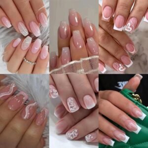 6 Packs (144 Pcs) Press on Nails Medium -  Pink Gradient Press on Nails Square Coffin, Glue on with Nail in 12 Sizes - 24 Fake Nails Kit, French Tip Stick on Nails for Women