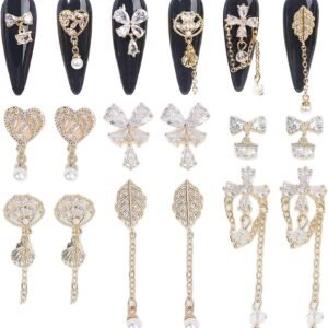 12Pcs Gold Nail Charms Nail Zircon Dangle Charms Rhinestones for Nails Gold Charms for Nails  Nail Art Crystal Charms Gems Jewelry Studs Nail Diamond Rhinestone Charms for Nail DIY Decoration