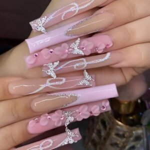 24Pcs Long Square Press on Pink French Tip Fake Nails with Silver Rhinestones, Flower Full Cover Tips, Glue on Artificial Acrylic False Nails, Butterfly Charms Design for Women