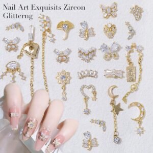 Nail Charms and Gems - Gold Copper Zircon, Multiple Shapes Dangle, Metal Jewelry Rhinestones for Nails 22Pieces