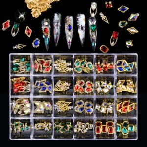 Nail Art Rhinestones Decoration Kit,120Pcs 3D Nail Charms Crystal Diamond Multi Shapes Luxury Nail Charms Rhinestones Metal Gems for Nails Crafts Nail Design Accessories(24 Styles,Multi-Color)