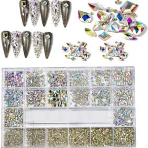 7900Pcs AB Crystal Nail Rhinestones,  Nail Art Rhinestones Round Beads Flatback Glass Gems Stones, Multi Shapes Rhinestones Nail Art 3D Crystals for Nail DIY