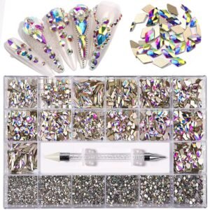 Nail Art Rhinestones, Nail Gems and Rhinestones Kit with Wax Pencil Flatback AB Rhinestones for Nails, Crafts, Makeup, Face, Clothes, Shoes