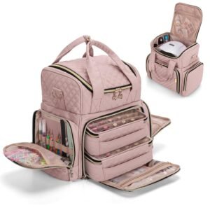 Nail Polish Organizer Holds 48 Bottles and a Nail Lamp, Nail Polish Case with 2 Removable Bags and Tools Storage Pockets (Patent Pending), Pale Rose