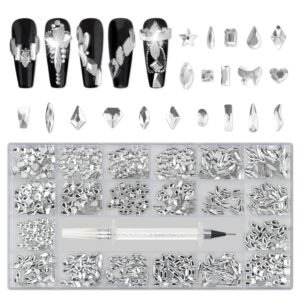 Nail Art Rhinestones, Nail Gems and Rhinestones Kit with Wax Pencil 1000 Pcs Flatback Rhinestones for Nails Decorations, Crafts, Makeup, Face, Clothes, Shoes