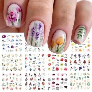 12 Sheets Flower Nail Art Stickers Decals Self-Adhesive  Spring Summer Colorful Floral Leaves Nail Supplies Nail Art Design Decoration Accessories