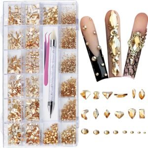 Gold Rhinestones for Nails, 6080Pcs Gold Nail Art Rhinestones Kit, 3D Flatback Crystals Diamonds for Nail Art Design, Mix Sizes Nail Charms and Gems(Picking Pen and Tweezers Included)