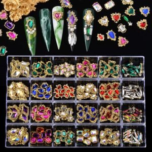 Nail Art Rhinestones Decoration Kit,240Pcs Nail Crystal Diamond Nail Charms Multi Shapes Luxury Glass Rhinestones Metal Gem for Nails Crafts Nail Design Accessories(24 Styles,Multi-Color)
