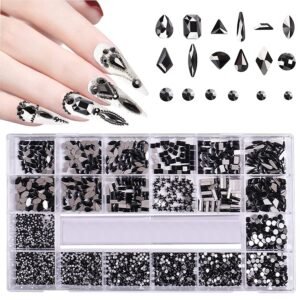 3100Pcs Flat Back Rhinestones for Nails,  Black Rhinestones for Nails, Mix 20 Styles Flatback Rhinestone/Gems, 600 Diamonds + 2500 Round Rhinestones Beads for Nail Crafts with Tweezers Pen
