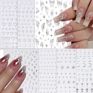 7 Sheets Metallic Mirror Silver Nail Stickers Nail Art for Women 3D Star Nail Art Stickers Nail Decals for Self-Adhesive Nail CharmsY2k Butterfly Nail Stickers for Nail Art