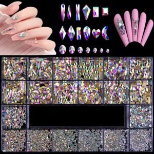 3100Pcs AB Crystal Nail Rhinestones,  Mix 20 Styles Flatback Rhinestone, 12 Types of 600 Diamonds + 2500 Round Beads, Crystals 3D Flat Back Gemstones for Nail DIY Crafts with Tweezers Pen