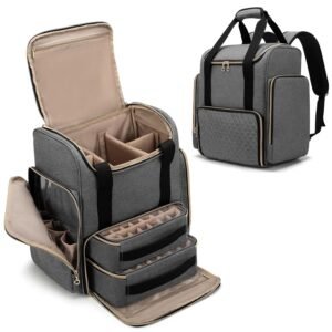 Nail Polish Organizer Backpack Holds 70 Bottles and a Nail Lamp, Nail Polish Bag with 2 Removable Cases and Tools Storage Pockets , Gray