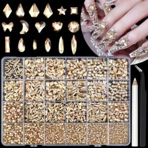 Champagne Gold 6000pcs Nail Rhinestones, 16 Types of 800PCS Special-Shaped Diamonds + 5200PCS Flatback Rhinestones, 3D Glass Rhinestones for Nail Crafts Decoration, Jewelry Gem Stones Charm