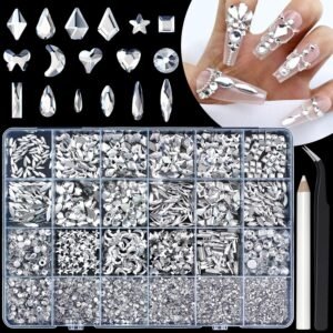 Crystal Clear 6000pcs Nail Rhinestones, 16 Types of 800PCS Special-Shaped Diamonds+5200PCS Flatback Rhinestones, 3D Crystal Glass Rhinestones for Nail Crafts Decoration, White Gem Stones Charm